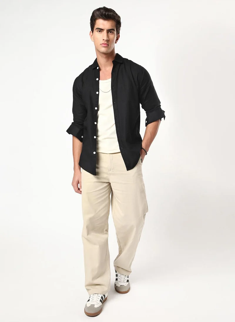 Urbano Fashion  Urbano Fashion Men's Black Linen Blend Full Sleeve Relaxed Fit Casual Solid Shirt for Men | Best Price UAE